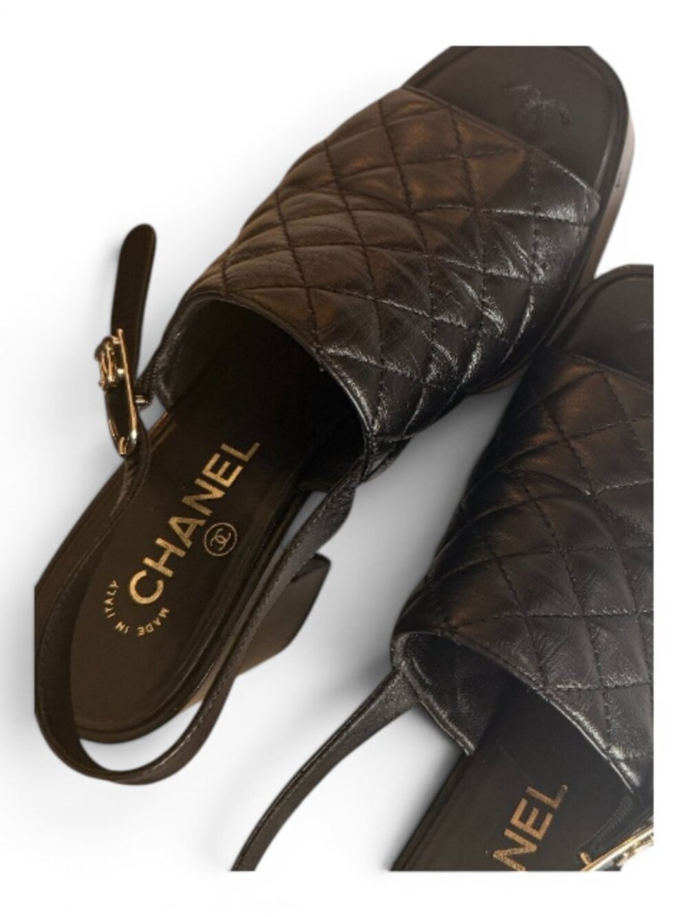 CHANEL CC LOGO QUILTED LAMBSKIN SLINGBACK BLOCK HEEL SANDALS BLACK 38 - Picture 7 of 14